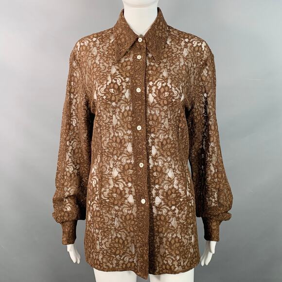 DOLCE & GABBANA Vintage Size L Brown Rayon Blend Lace Pointed Collar Shirt - Picture 1 of 7